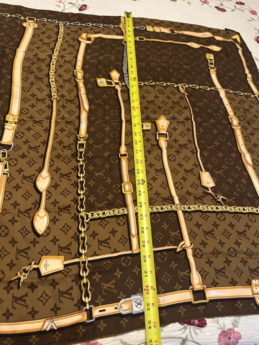 Louis Vuitton Brown and Tan Monogram Silk Scarf with Gold Chain Motif - Picture 2 of 5